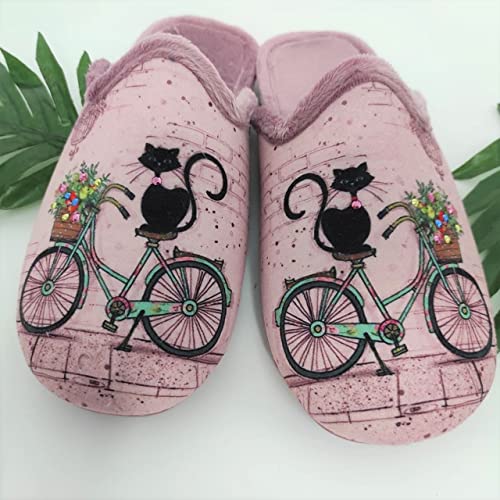 Zapatillas Casa Mujer Fantasía Invierno | Chinela Juvenil Dibujos Plana Abiertas y de Calidad Hechas en España - Antideslizante (Gato Bicicleta, Numeric_37)