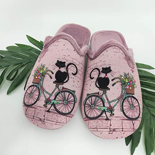 Zapatillas Casa Mujer Fantasía Invierno | Chinela Juvenil Dibujos Plana Abiertas y de Calidad Hechas en España - Antideslizante (Gato Bicicleta, Numeric_37)