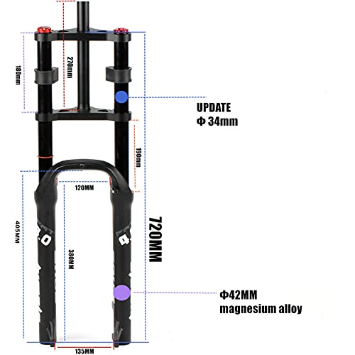 ZCVB Horquilla De Suspensión MTB Fat Tire Amortiguación De Las DH Air Doble Hombro 26 X 4,0 Pulgadas para Bicicleta De Montaña Snow Beach XC, Frenos De Disco De Apoyo,34mm a