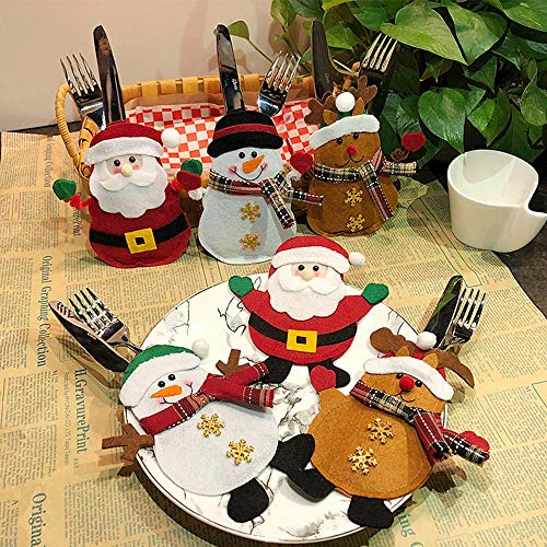 ziidoo 6 Pcs Bolsita para Cubiertos de Navidad, Mu?Eco de Nieve de Alces de Santa Claus, Decoraci¨®n de Mesa