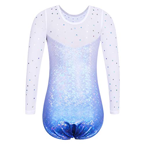 ZNYUNE Niña Maillots de Gimnasia Mangas Largas con Lentejuelas en Tul 268 Azul 6A