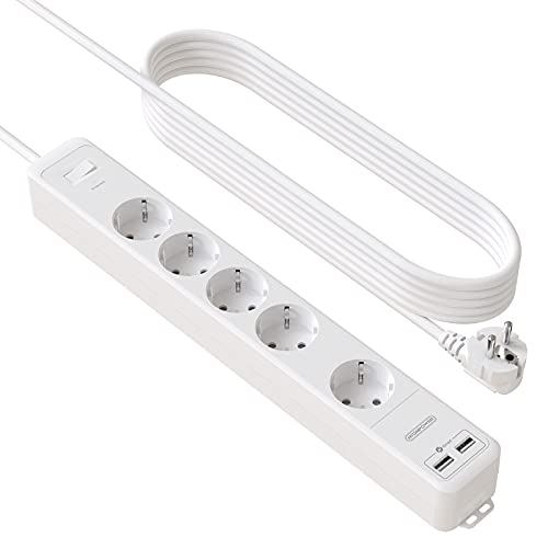 1000 Joules Protección contra Sobretensiones, NTONPOWER Regletas Enchufes con Cable de 3 Metros, 4000 W 16 A Enchufe Europeo para el Hogar, Regleta Pared, Enchufe Multiple con Protección para Niños