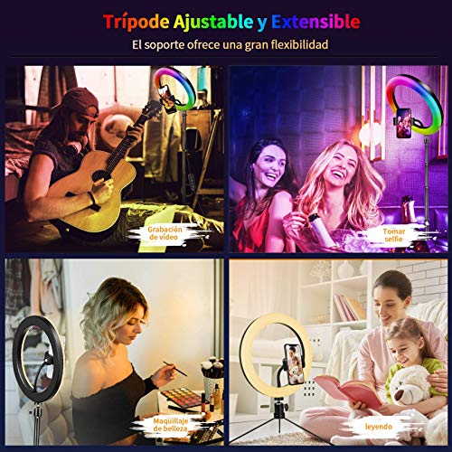 2NLF Aro de Luz para Movil 10" RGB Anillo de luz LED con Trípode Soporte 53" Altura Regulable 26 Colores 10 Brillos Regulables Control Remoto Inalámbrico para Selfie Maquillaje Youtube TIK Tok Live