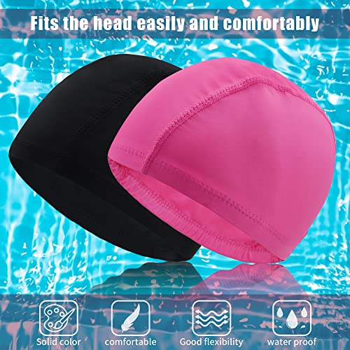 2Pcs Gorro Piscina Mujer Niños Tela Gorro de Natación para Pelo Largo y Corto de Poliéster Suave Gorros Piscina Tela para Niños Mujeres (Negro + Fucsia)