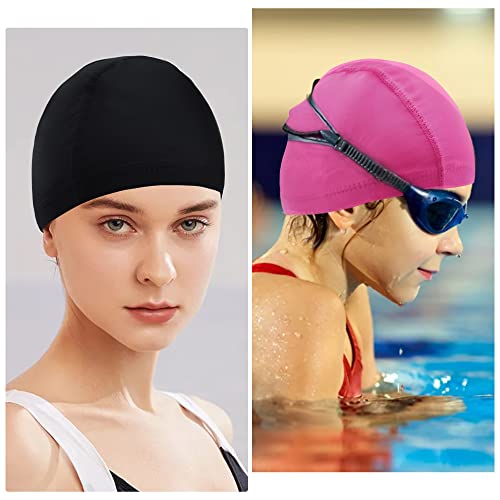 2Pcs Gorro Piscina Mujer Niños Tela Gorro de Natación para Pelo Largo y Corto de Poliéster Suave Gorros Piscina Tela para Niños Mujeres (Negro + Fucsia)