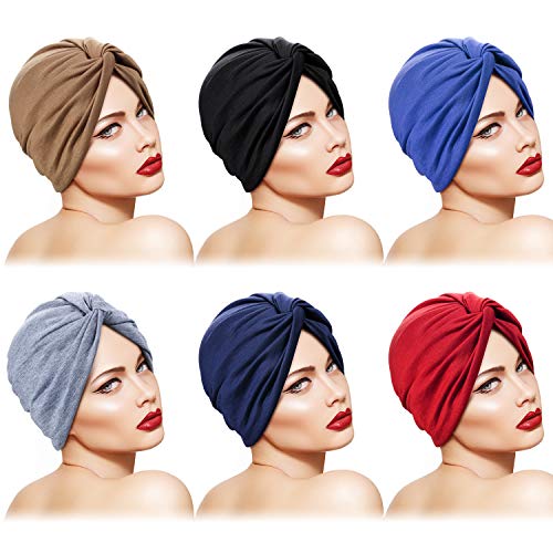 6 Piezas Turbantes para Mujeres Gorro Turbante Plisado de Moda con Nudo Pre-atado Suave Pañuelo de Cabeza, 6 Colores