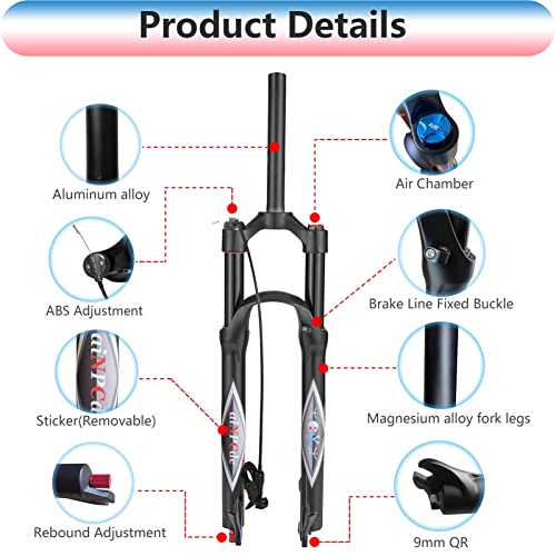 aiNPCde 26/27,5/29 Pulgadas Horquilla de Suspensión Aire MTB Viaje 140mm, FO01-RK21 Ajuste De Rebote 1-1/8 Horquillas Delanteras de Bicicleta para Montaña MTB XC Freno de Disco Bicicleta