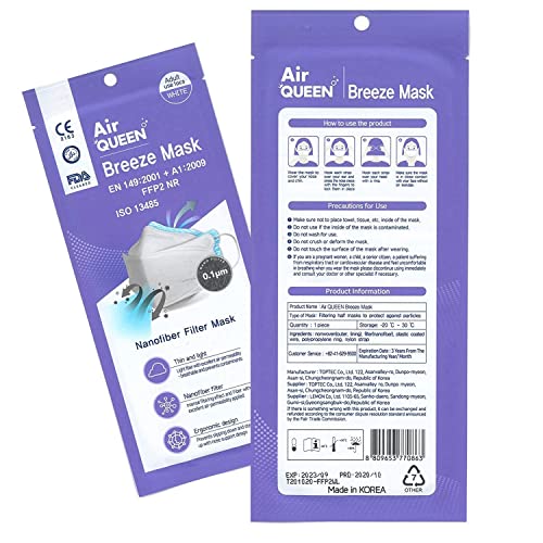 Air Queen Breeze Mask Mascarillas FFP2 Homologadas Nanofibras Nanotecnología CE FFP NR EN149:2001 + A1:2009 ISO 13485 – 25 Horas de Protección – Pack de 10 Mascarillas en Blisters Individuales