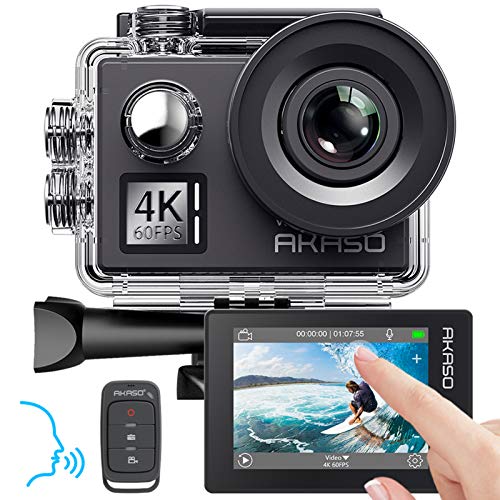 AKASO Cámara Deportiva WiFi 4K/60fps 20MP Cámara de acción con Pantalla Táctil Control de Voz Cámara acuatica Sumergible 40M EIS 8X Zoom Control Remoto 2 Baterías Multi Accesorios (V50 Elite)