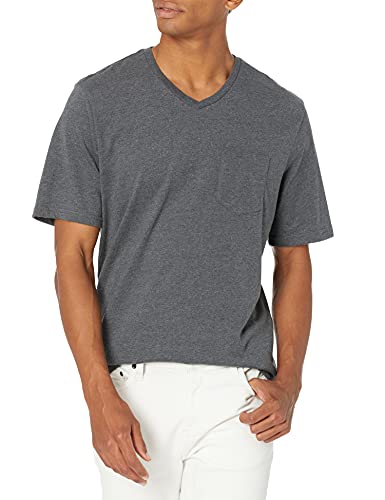 Amazon Essentials - Pack de 2 camisetas de corte holgado con cuello en V y bolsillo en el pecho para hombre, Gris (Charcoal Heather Cha), US S (EU S)