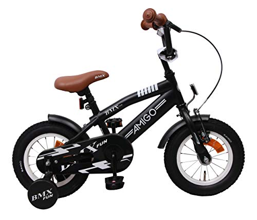 Amigo BMX Fun - Bicicleta Infantil de 12 Pulgadas - para niños de 3 a 4 años - con V-Brake, Freno de Retroceso, Timbre y ruedines - Negro Mate