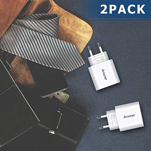 Amoner Cargador USB de Pared con 3 Puertos Cargador USB 3A Una Corriente Máxima de 2,4A Cargador Móvil para Todos Los Tipos de Celular 2 Packs (Blanco)