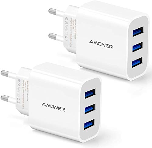 Amoner Cargador USB de Pared con 3 Puertos Cargador USB 3A Una Corriente Máxima de 2,4A Cargador Móvil para Todos Los Tipos de Celular 2 Packs (Blanco)