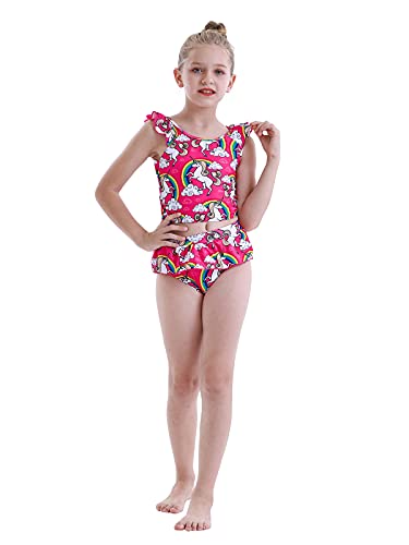 AmzBarley Traje de Baño Natacion Bañador Unicornio Dos Piezas Conjunto para Niña,Verano Vacaciones Hawaiian Playa Nadar Tankini Ropa Rosa Rojo 18 5-6 Años