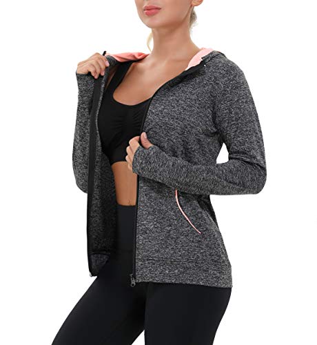 AMZSPORT Chaqueta Deportiva Mujer, Sudadera Capucha Running Cremallera con Agujeros para los Pulgares Negro L