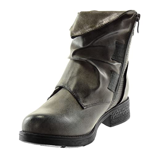 Angkorly - Zapatillas Moda Botines Biker Cubierta Efecto Envejecido Mujer Hebilla Tachonado Bloque 3.5 CM Forrada de Piel - Gris 8 F2856 T 37