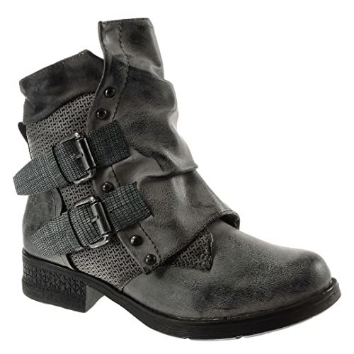 Angkorly - Zapatillas Moda Botines Biker Cubierta Efecto Envejecido Mujer Hebilla Tachonado Bloque 3.5 CM Forrada de Piel - Gris 8 F2856 T 37