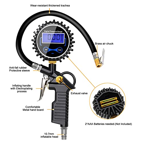 Anykuu Manómetro Presión Neumáticos Manómetro Digital Manómetro Inflador Neumáticos con Pantalla Digital LCD 220PSI de Alta Precisión Multi Accesorios para Coche Moto Bicicleta y Camión