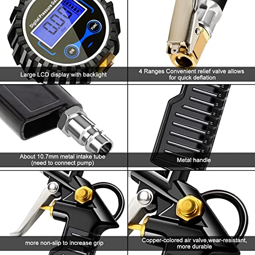 Anykuu Manómetro Presión Neumáticos Manómetro Digital Manómetro Inflador Neumáticos con Pantalla Digital LCD 220PSI de Alta Precisión Multi Accesorios para Coche Moto Bicicleta y Camión