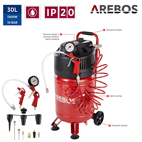 AREBOS Compresor de aire comprimido | 30L | 1500W | con accesorios de 13 piezas | sin aceite| 240 L/min | Euroacoplamiento doble | 10bar | capacidad: 50 l, 30 l o 6 l