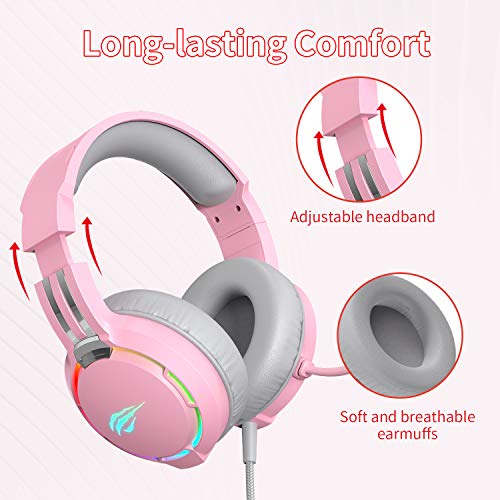 Auriculares Gaming para PS4 HAVIT Iluminación RGB Cascos Gaming Sonido Envolvente, Controlador de 50MM y micrófono con reducción de Ruido para Xbox One/PC/Móvil（Rosa）