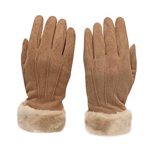 AXELENS Guantes Mujer Pantalla Táctil de Gamuza con Afelpado Interno Elegantes con Puños de Piel Suave Ecológica, Niñas, Chicas - Talla S/M - Marron Claro/Beige