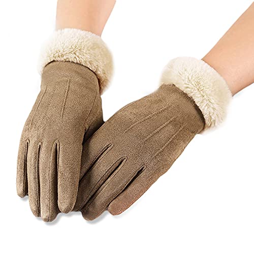 AXELENS Guantes Mujer Pantalla Táctil de Gamuza con Afelpado Interno Elegantes con Puños de Piel Suave Ecológica, Niñas, Chicas - Talla S/M - Marron Claro/Beige