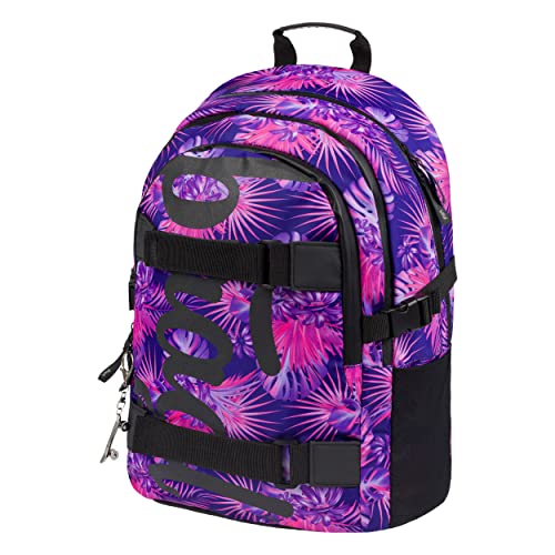 Baagl Mochila escolar para niños, niñas, adolescentes, monopatín, mochila infantil con compartimento para portátil y correa en el pecho para la escuela, Skate Violet,