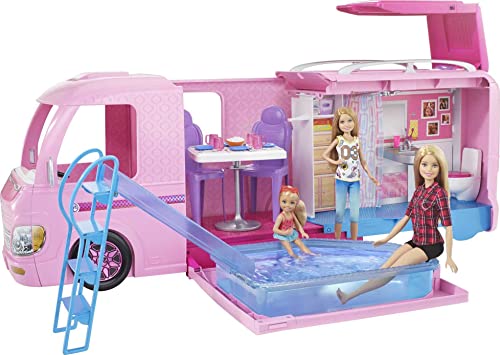 Barbie Autocaravana - Convertible - Con Piscina y Ruedas Giratorias - Muñecas no Incluidas - Espacio de Juego: 60 cm - Regalo para Niños de 3+ Años