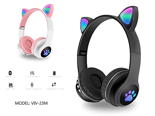 BCM Auriculares Niños Inalámbricos Luz LED Cascos Diadema Orejas de Gato para Niñas Niños, Bluetooth Plegables Micro SD TV Regalo Cumpleaños Navidad Morado (Azul)