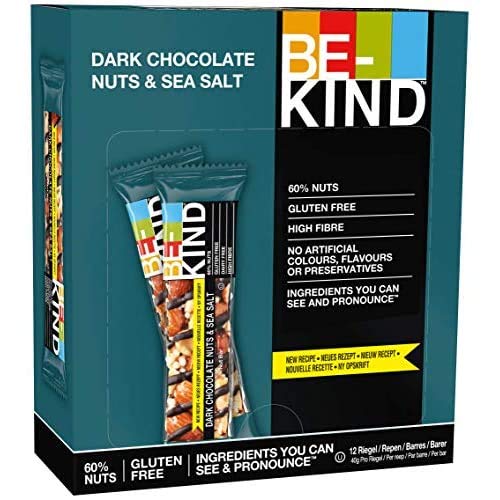 BE-KIND Barrita Ceareale con Frutos Secos Tostados, Chocolate Negro y Sal Marina, Sin Gluten, Alto Contenido de Fibra, 12 X 40g Barras