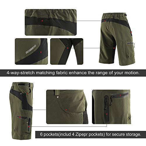 BERGRISAR - Pantalones cortos de ciclismo para hombre, ideales para MTB y bicicletas de montaña, bolsillos con cremallera (1806BG) - verde - X-Large