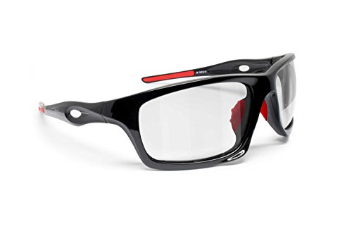 BERTONI Gafas Deportivas Fotocromaticas de Ciclismo Moto Running Esquí Pesca Envolventes a Prueba de Viento Mod. Omega Italy (Negro Brillante/Rojo - Fotocromáticas)