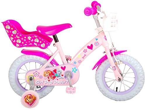 Bicicleta infantil de la Patrulla Canina, 12 pulgadas, color rosa, con freno de contrapedal, cesta, asiento para muñecas, edad 3 – 4 1/2 años