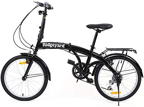 Bicicleta plegable de 20 pulgadas con 7 marchas, con luz LED de batería y soporte trasero, color negro