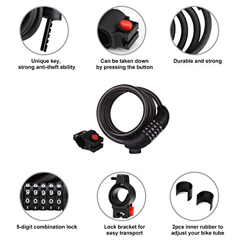 BIGLUFU Bike Cable Lock Cerraduras para Scooter de Bicicleta Cadena Extra Larga de 4 pies / 120 cm con combinación de 5 dígitos, Cables de Servicio Pesado de 0,5"/ 12 mm de diámetro Trenzado de Acero