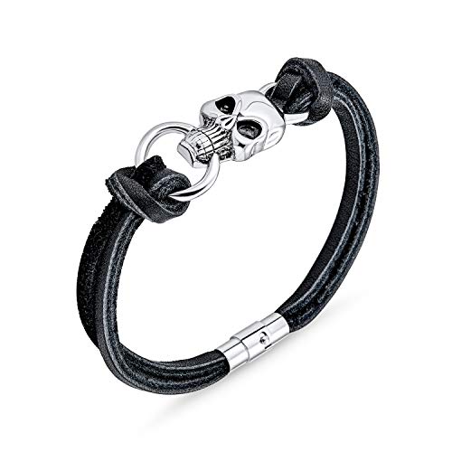 Bling Jewelry Calaveras Huesos Cruzados Cuero Negro Auténtico Multi Filamento Enrollado Pulsera Puño Acero Hombre Y Mujer Ciclistas