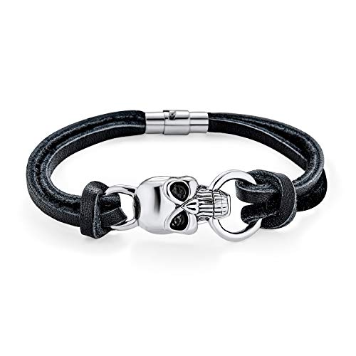 Bling Jewelry Calaveras Huesos Cruzados Cuero Negro Auténtico Multi Filamento Enrollado Pulsera Puño Acero Hombre Y Mujer Ciclistas