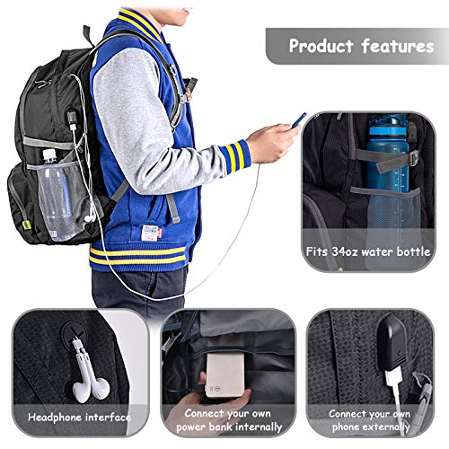 BOJLY Mochila de Senderismo, 40L Súper Capacidad 430g Bolsa de Viaje Deportiva Impermeable y Plegable, con Cargador USB y Puerto para Auriculares para Viaje o Escuela, Excursiones y Acampada