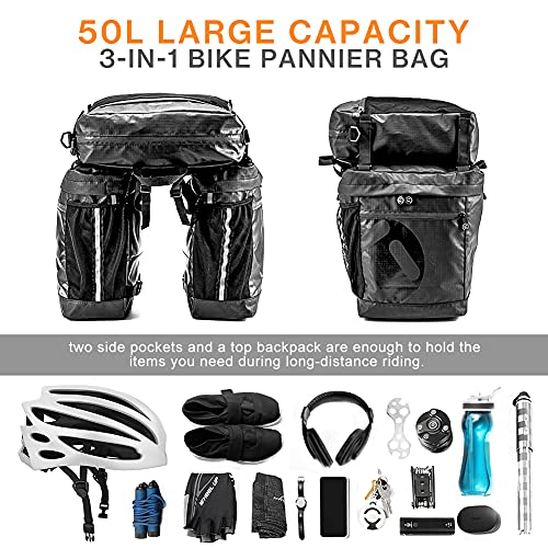 Bolsa Bicicleta Achort 3 in 1 Multifuncional Alforja Maletero Impermeable 50L, 3 Compartimentos para Portaequipajes Asiento Trasero de Bicicleta de Carretera, Juego de Bolsas para Bcicleta Pannier