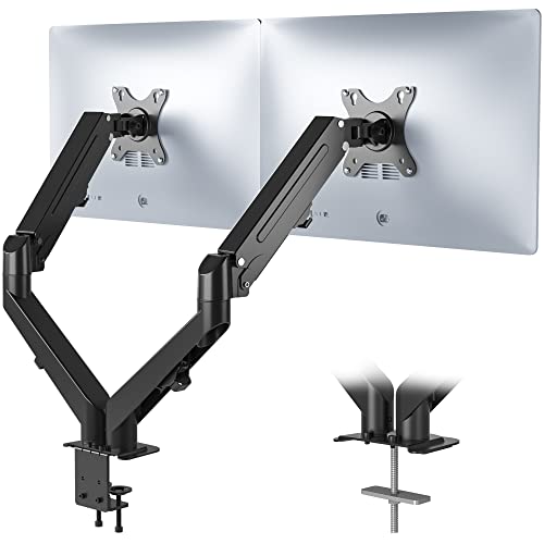 BONTEC Soporte Monitor Mesa Brazo Monitor Doble para Monitor Pantallas LCD LED de 13-27 Pulgadas, con Resorte de Gas de Movimiento Completo, Abrazaderas C,Soporte VESA 75-100 mm y Peso 2-6.5 kg