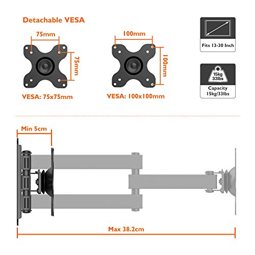 BONTEC Soporte TV Pared El Soporte de Pared para Monitor Y Televisores de LCD/LED/Plasma de 13-30 Pulgadas de hasta 15 kg Puede Inclinarse, Girarse, Extenderse y Rotarse, VESA 75x75mm/100x100mm