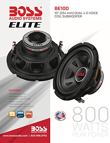 BOSS Audio Elite BE10D - Subwoofer para coche de 10 pulgadas, 800 vatios de potencia máxima, bobina de voz dual de 4 ohmios