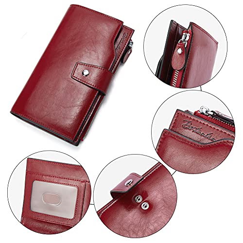 BOSTANTEN Cartera para mujer de cuero genuino carteras de gran capacidad en efectivo con bolsillo con cremallera, 0-wine Red Oil Wax, (L)7.7 x (W)3.9 x (H)0.98 inches