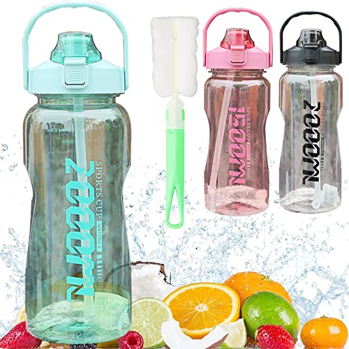 Botella con Pajita 1,5 Litro Botellas de agua para niños sin BPA y Cepillo de Limpieza, para Gimnasio Ciclismo Trekking Reutilizable Tapa Abatible de 1 Clic 1500ml Verde