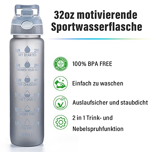 Botella de agua de 1 L con pajita y marcadores de tiempo, Tritan sin BPA, reutilizable, a prueba de fugas, para bicicleta al aire libre (gris)