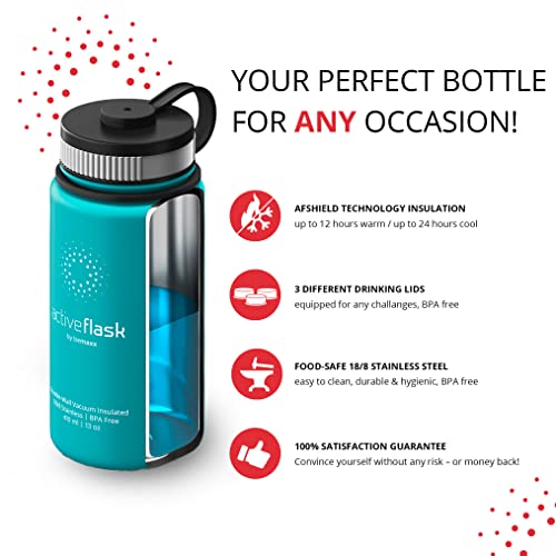 Botella de Agua Térmica Active Flask + Pajita (3 Tapones) sin BPA - 1l & 500ml | Frasco Termo de Acero Inoxidable + Aislamiento Vacío | Cantimplora Aislada Bicicleta Deporte Caliente Fría Café Té