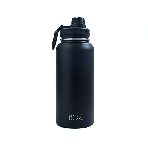 Botella XL de Agua en Acero Inoxidable BOZ (1 L / 32 oz) boca ancha, Libre de BPA, Aislamiento de Doble Pared al Vacío (Negro)