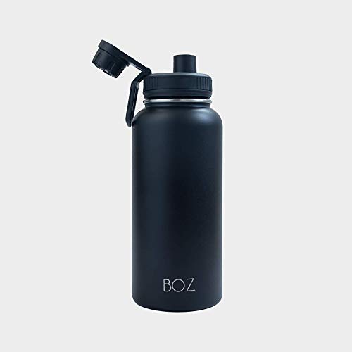 Botella XL de Agua en Acero Inoxidable BOZ (1 L / 32 oz) boca ancha, Libre de BPA, Aislamiento de Doble Pared al Vacío (Negro)