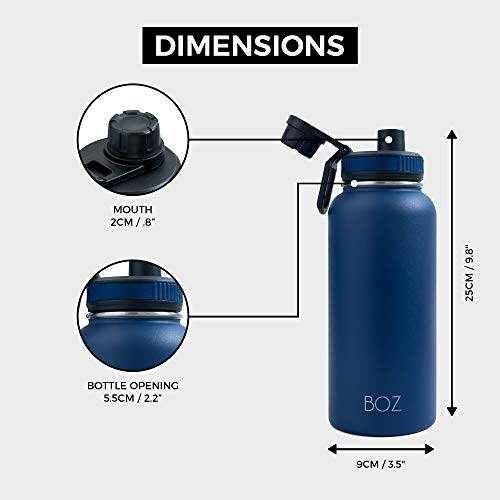 BOZ Botella de agua de acero inoxidable XL – Monaco Blue (1 L / 32 onzas) de boca ancha, sin BPA, doble pared aislada al vacío, 1 l, botellas de agua de metal de 1 litro